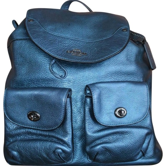 Coach Mickie Metallic Blue Leather Backpack - Picture 1 of 6